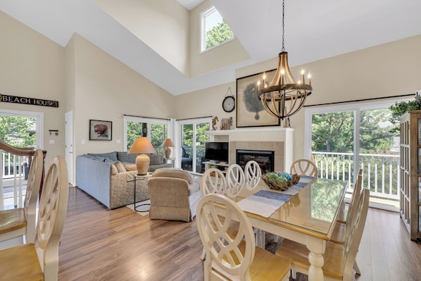 Flat-screen TV, fireplace, video games, DVD player
