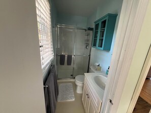 Combined shower/bathtub, hair dryer, towels, toilet paper