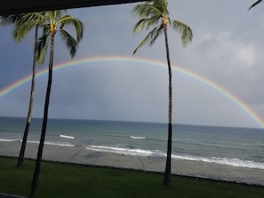 Een strand met palmbomen en een regenboog boven de oceaan.