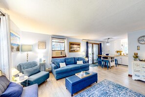 TV, fireplace, books