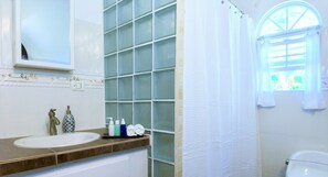 Een badkamer met een witte wastafel, een spiegel, een douchecabine van glas en een raam met uitzicht.