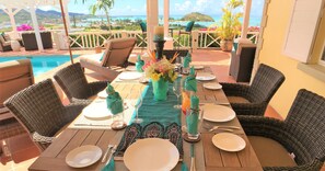 Outdoor dining - HIGH DEMAND. POOL, WALK TO BEACH, PANORAMIC SEA VIEWS, OVERLOOKS JOLLY HARBOUR (Jennings)