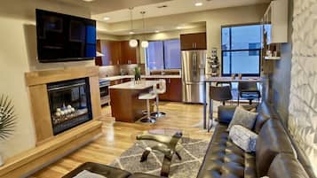 Smart TV, fireplace, music library, video library