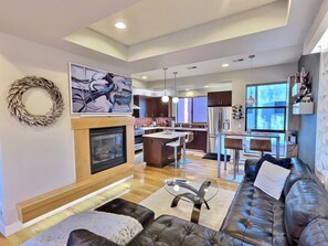 Smart TV, fireplace, music library, video library