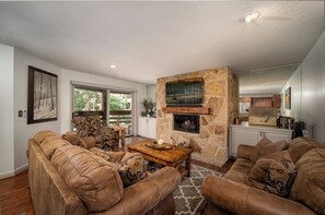 Smart TV, chimenea, reproductor de DVD, libros