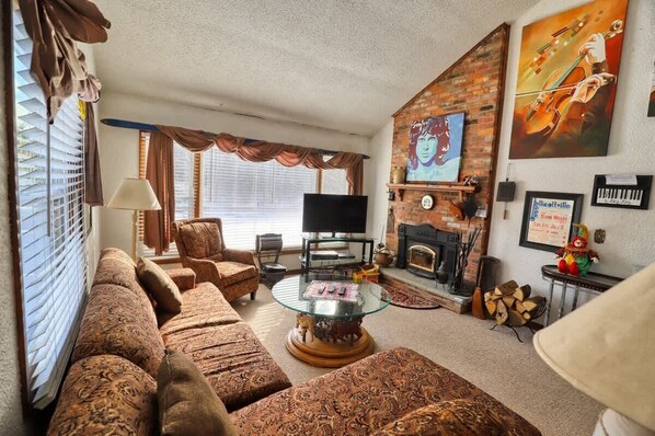 Smart TV, fireplace, video games, DVD player