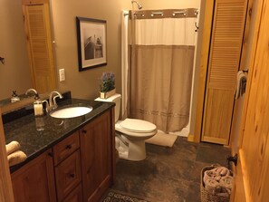 A bathroom with a sink, mirror, toilet, and shower curtain. - 4 Bedroom, 3 full baths,  3200 sq. ft. Family Vacation Home near EVL, sleeps 12 (Great Valley)