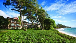 Un hotel frente a la playa con un césped verde exuberante, palmeras y vistas al océano.
