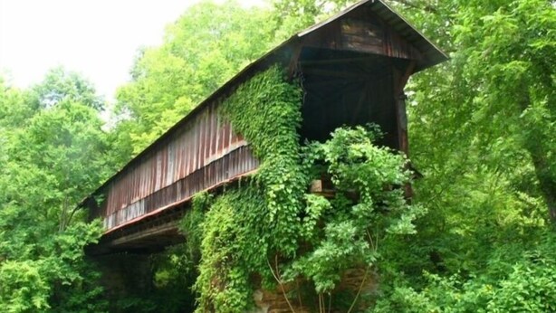 Eine charmante gedeckte Brücke mit Steinstufen, umgeben von üppigem Grün und einem ruhigen Fluss.