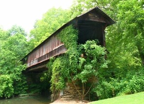 A rustic covered bridge with stone steps leading up to it, surrounded by lush greenery and a calm river. - A remote country cabin surrounded by Forests, Creeks, and near Cheaha & Pinhoti! (Talladega)