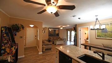 Smart TV, fireplace, video games, DVD player