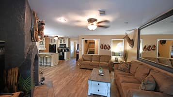 Smart TV, fireplace, video games, DVD player