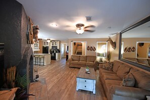 Smart TV, fireplace, video games, DVD player