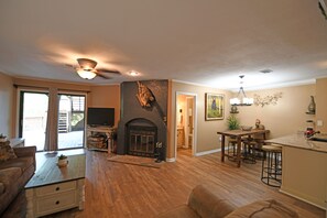 Smart TV, fireplace, video games, DVD player