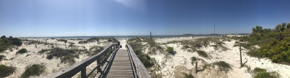 Walk along the boardwalk to the beach, surrounded by sand dunes and lush vegetation.
