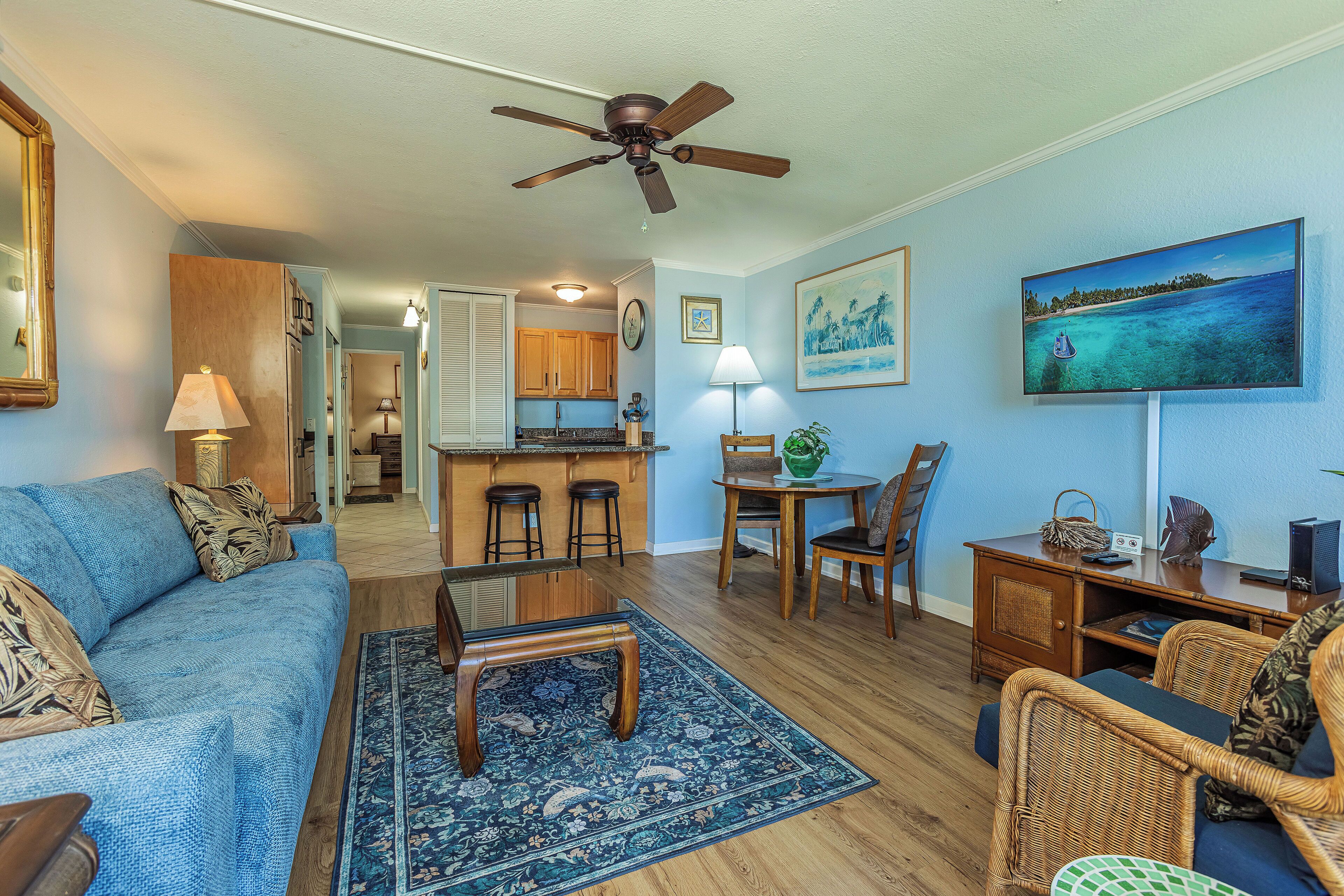 TV, DVD player, books, stereo