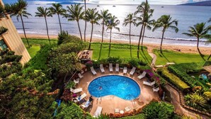 A pool surrounded by lounge chairs, palm trees, and a view of the beach and ocean.