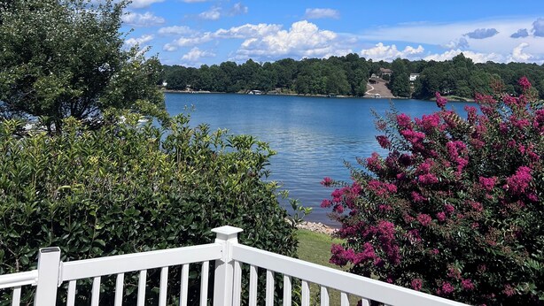 Vista de un lago con baranda blanca, abundante vegetación y flores rosadas.