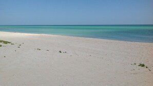 Ein Strand mit blauem Himmel und ruhiger See.