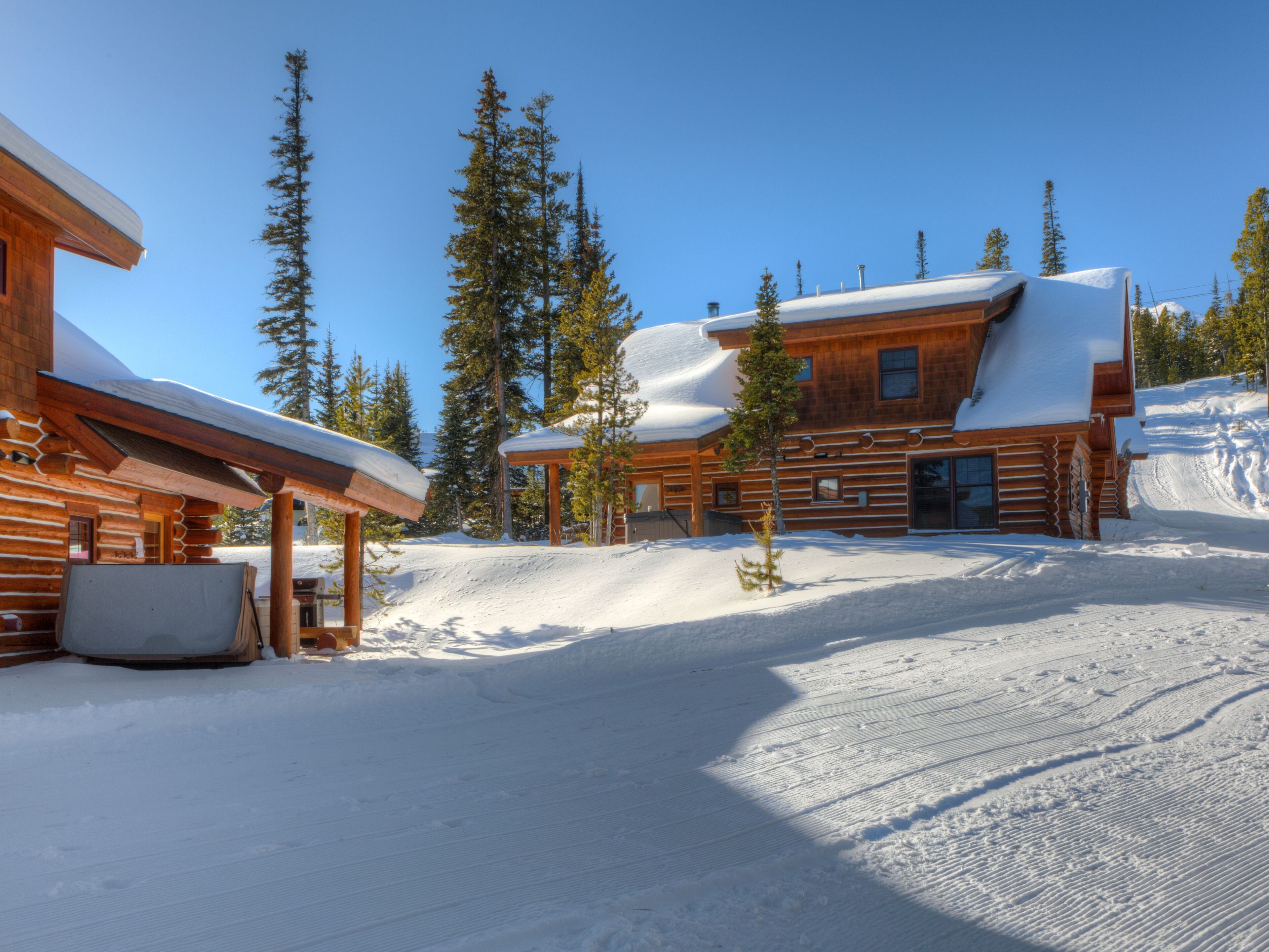 A log cabin with a snow-covered roof, surrounded by tall pine trees and a clear blue sky.