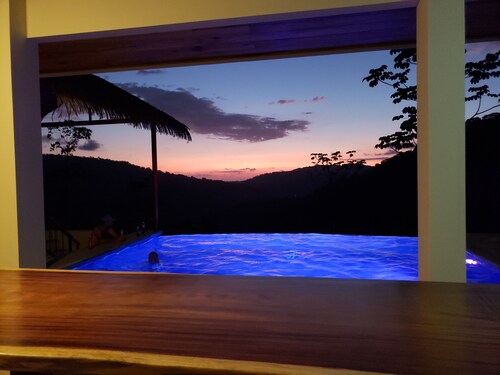Belle escapade costaricaine avec piscine à débordement et bar dans la piscine / Rancho couvert