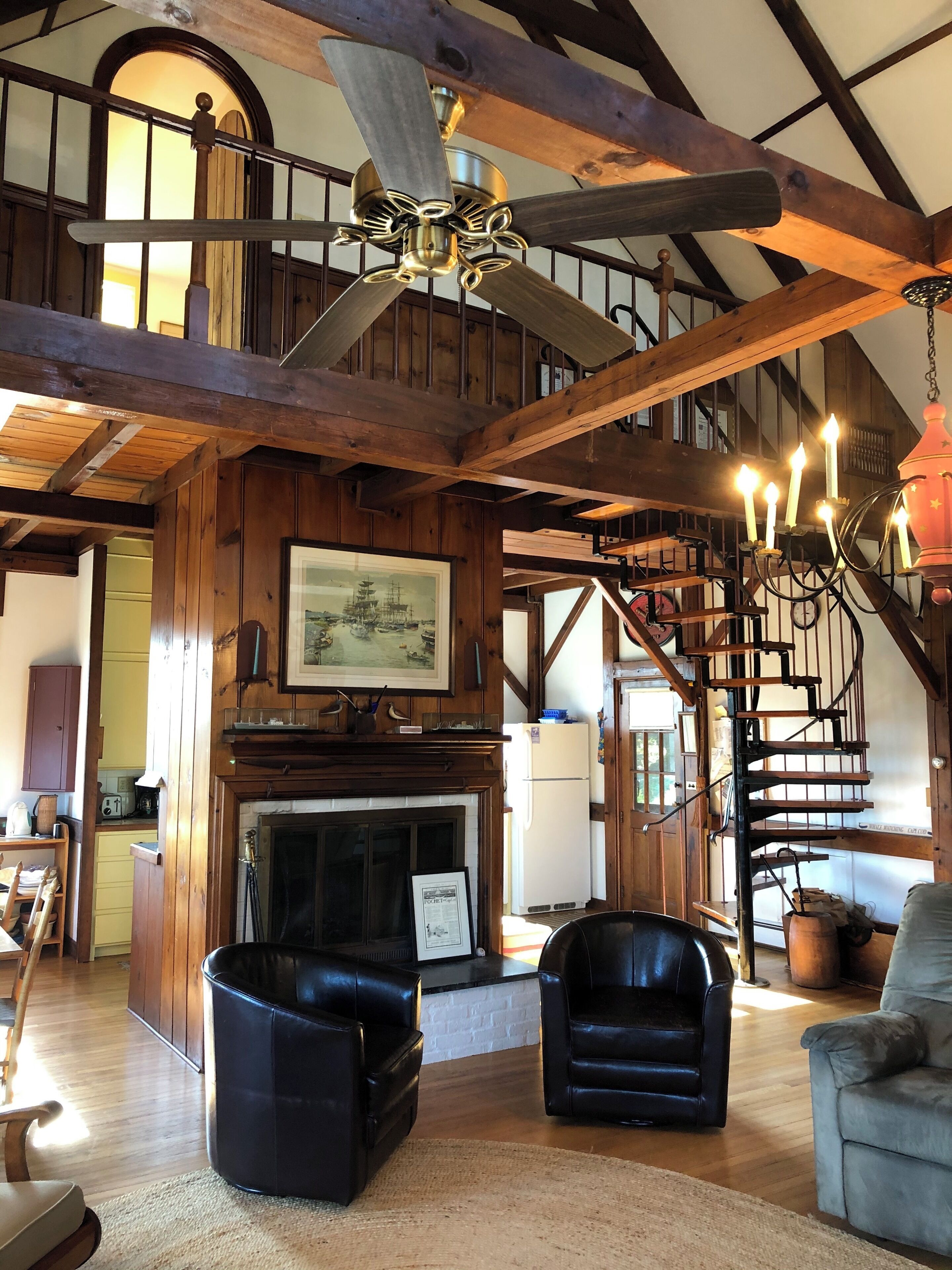 Working fireplace and stair to loft