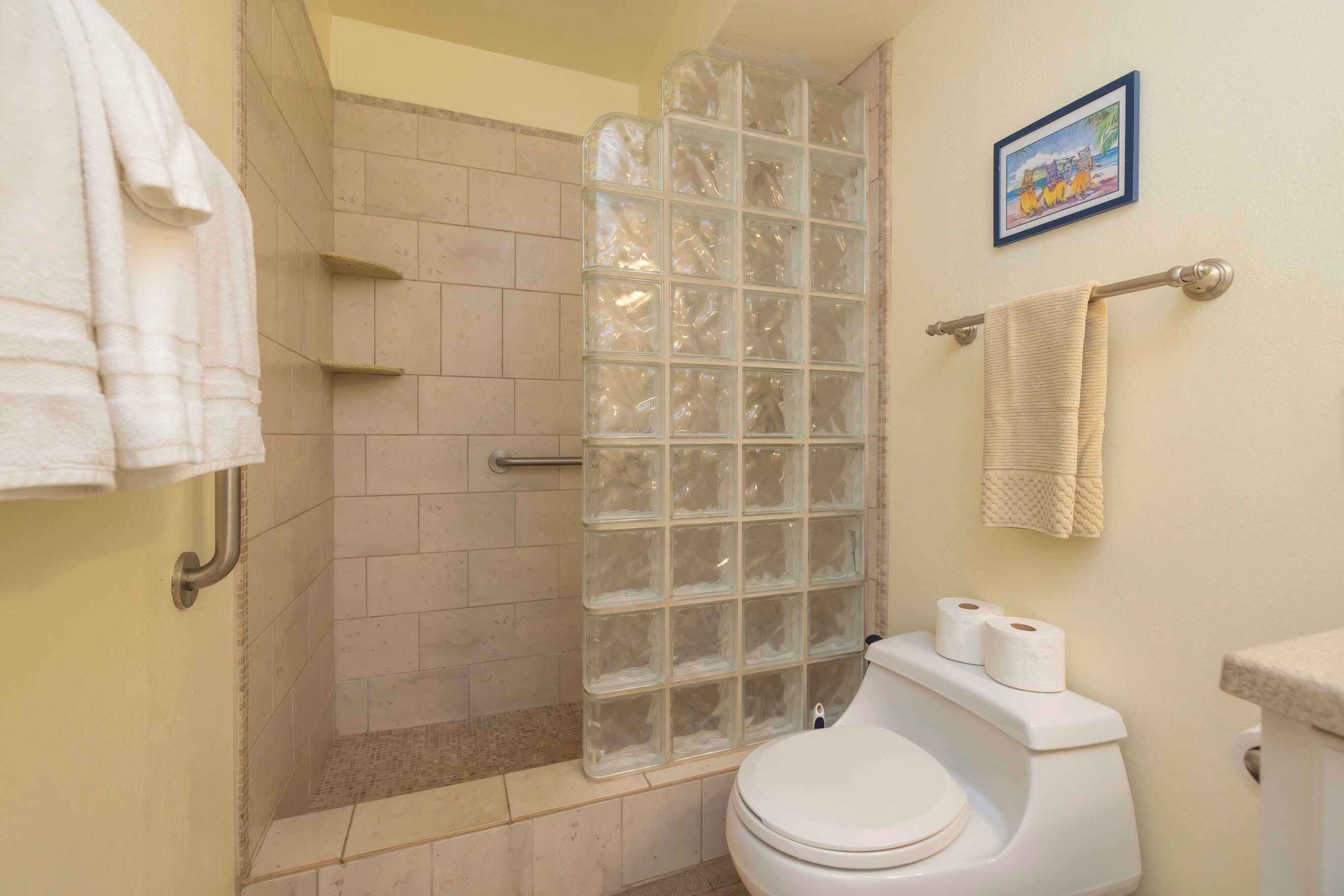 Une salle de bain avec une douche à parois de verre, des toilettes et un porte-serviettes.