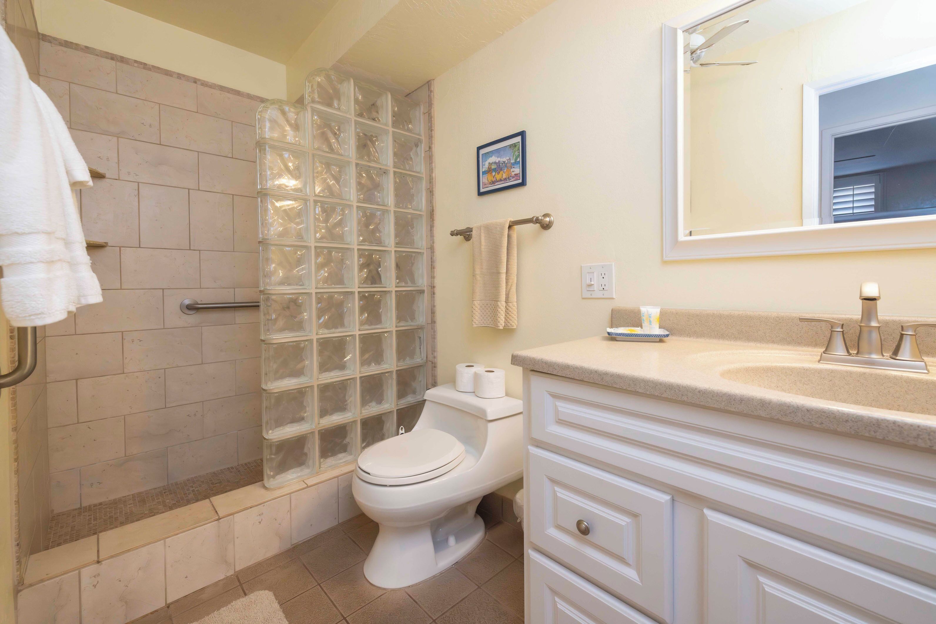 A bathroom with a glass shower enclosure, a toilet, a sink with a vanity, and a mirror.