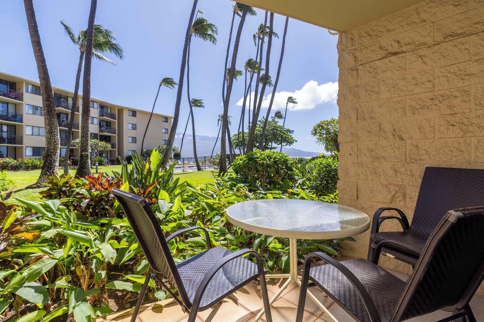 Un patio con una mesa redonda y dos sillas, rodeado de plantas tropicales y palmeras, con vistas a un edificio de hotel y al océano.
