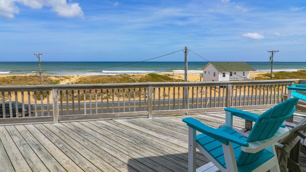 A wooden deck with a view of the beach and ocean. - 4759- Sun Daze - Ocean Views, Pool, Hot Tub & Steps to Beach (Kitty Hawk)