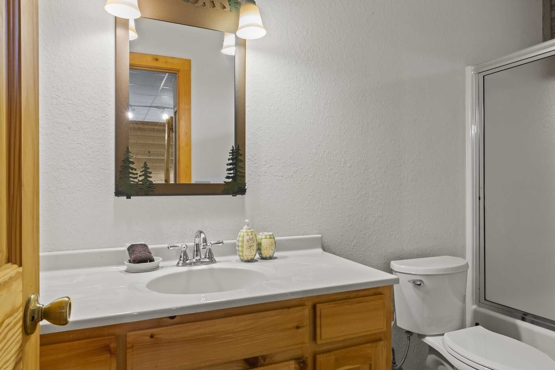 Een badkamer met een wit wastafel, houten wastafelmeubel en toilet.
