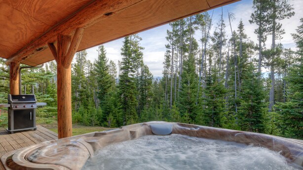 Ein Whirlpool unter einer Holzterrasse mit Blick auf einen Wald.