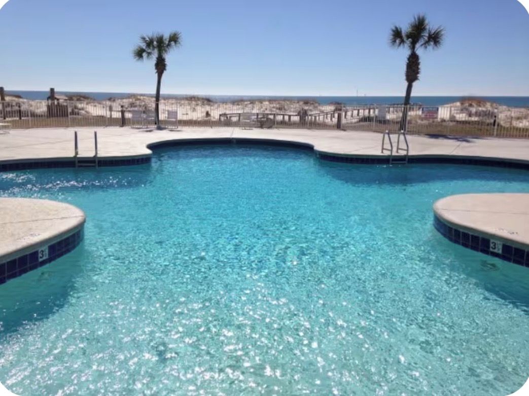 A clear blue pool with a curved edge, surrounded by a concrete deck and palm trees, overlooking a beach.