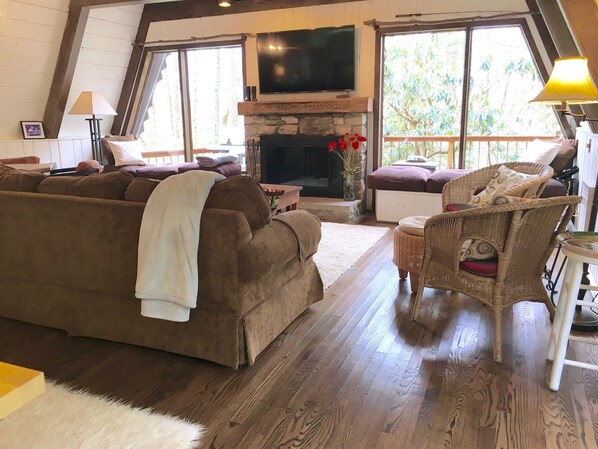 Smart TV, fireplace, Netflix, smart speakers