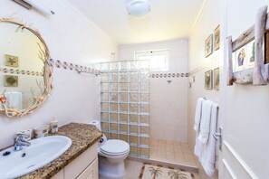 Shower, hair dryer, towels, toilet paper