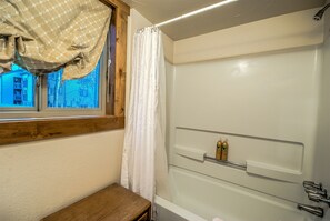 Combined shower/tub, hair dryer, towels, soap