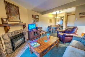 Smart TV, fireplace, DVD player, books