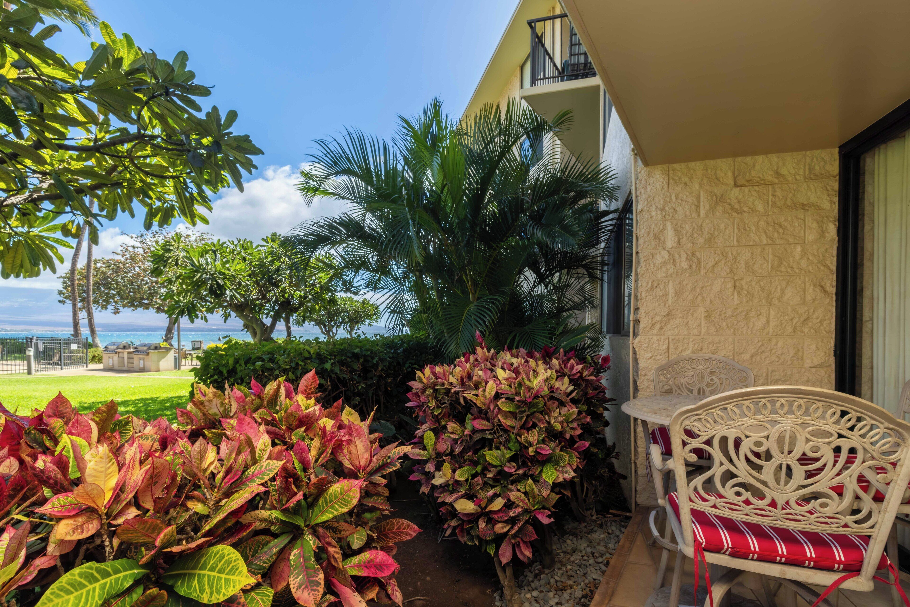 A balcony with a view of the sea, surrounded by lush greenery and a white wrought iron chair with red cushions.
