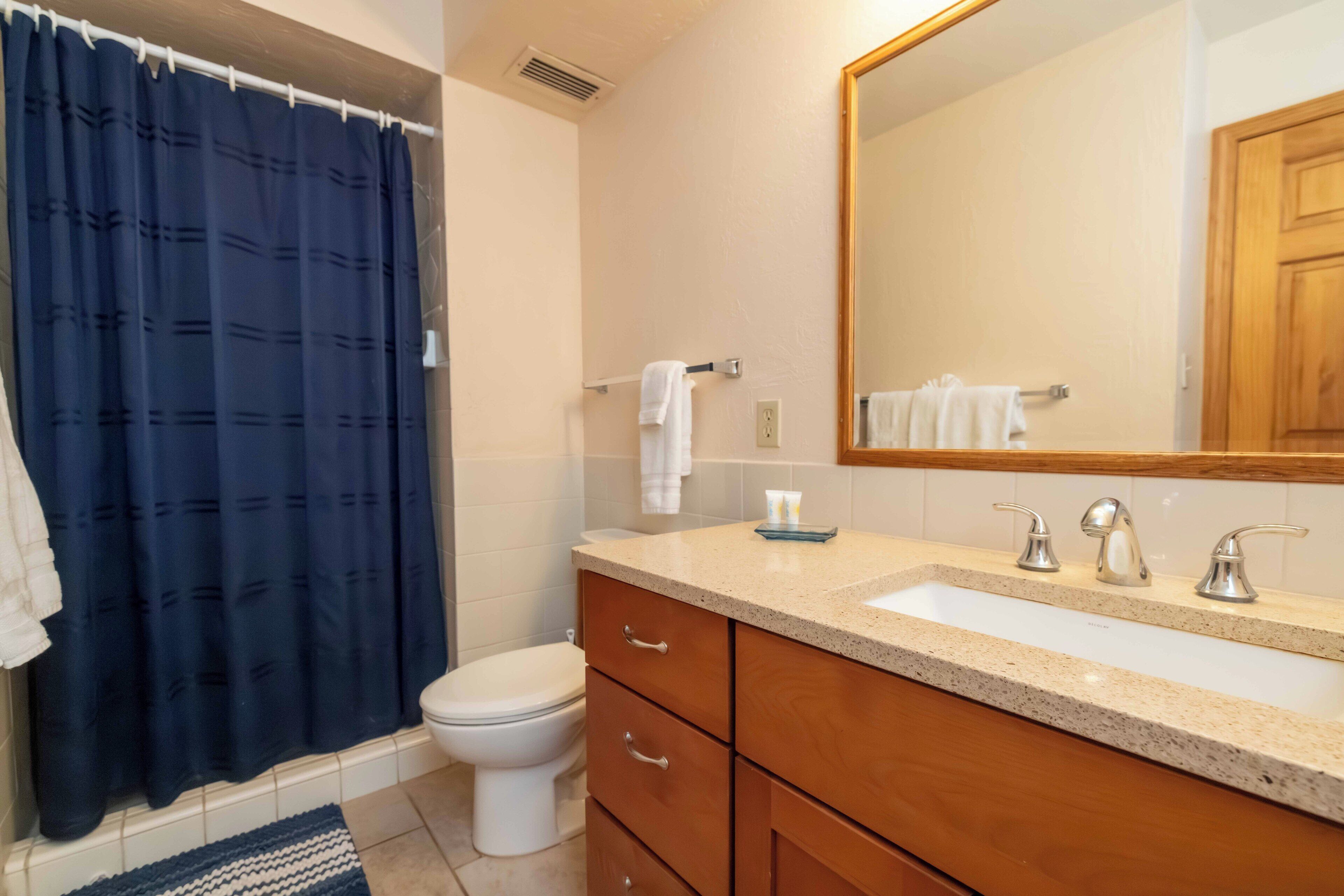 A bathroom with a white toilet, a sink with a mirror above it, and a blue shower curtain.