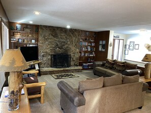 Smart TV, fireplace, DVD player, books