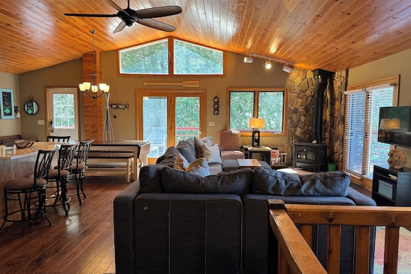 Pine ceilings and wood-burning stove for great up-north charm