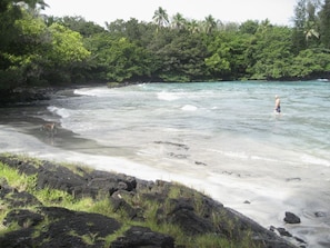 Plage à proximité, chaises longues, serviettes de plage
