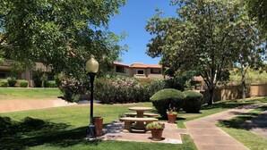 A well-maintained outdoor area with a paved walkway, a picnic table, and potted plants. - Gated Community, Poolside, Newly Remodeled 2bed Condo (Phoenix)