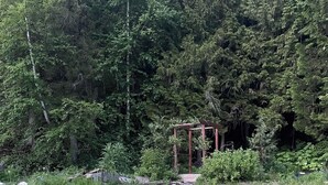 Een tuin met een pad van stenen, roze bloemen en een houten pergola, omringd door dicht bos.