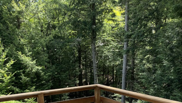 Puinen terassi, jossa on kaksi Adirondack-tyylistä tuolia ja pieni pöytä, ja sen ympärillä tiheä metsä.