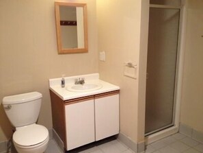 Douche, baignoire à jets, serviettes fournies, papier toilette