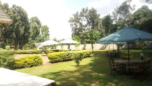 A well-maintained outdoor patio area with a tiled floor, surrounded by neatly trimmed hedges and trees. There are several umbrellas providing shade, and a table with chairs set up for dining. - Forest Breeze Gardens (Nairobi)