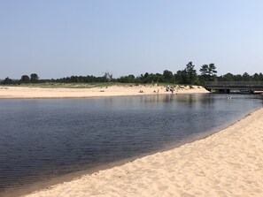 Escape to a serene riverside haven with a sandy beach and lush green surroundings.
