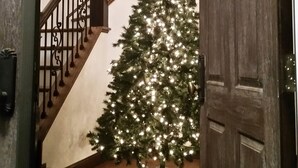 Eine Treppe mit Holzwand und einem Weihnachtsbaum, der mit Lichtern geschmückt ist.