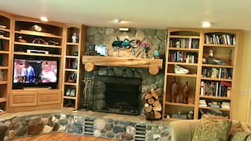 TV, fireplace, DVD player, books